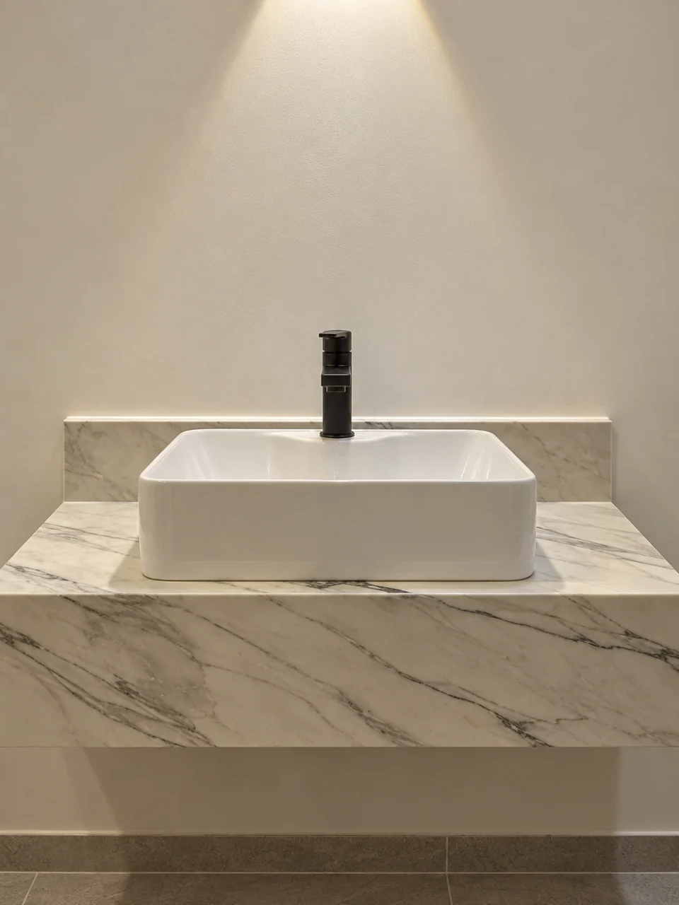 Lavabo sobre una cubierta veteada
