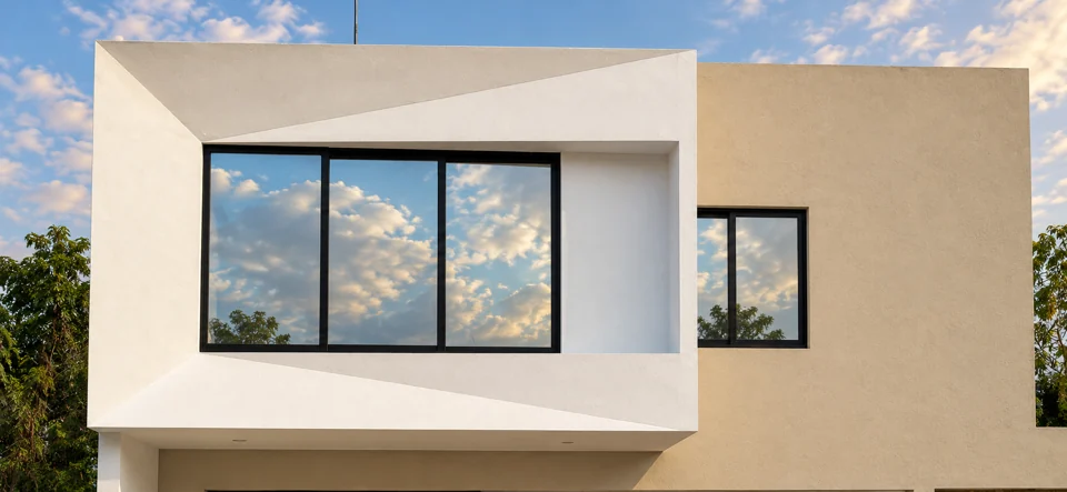 La fachada y el reflejo de las nubes