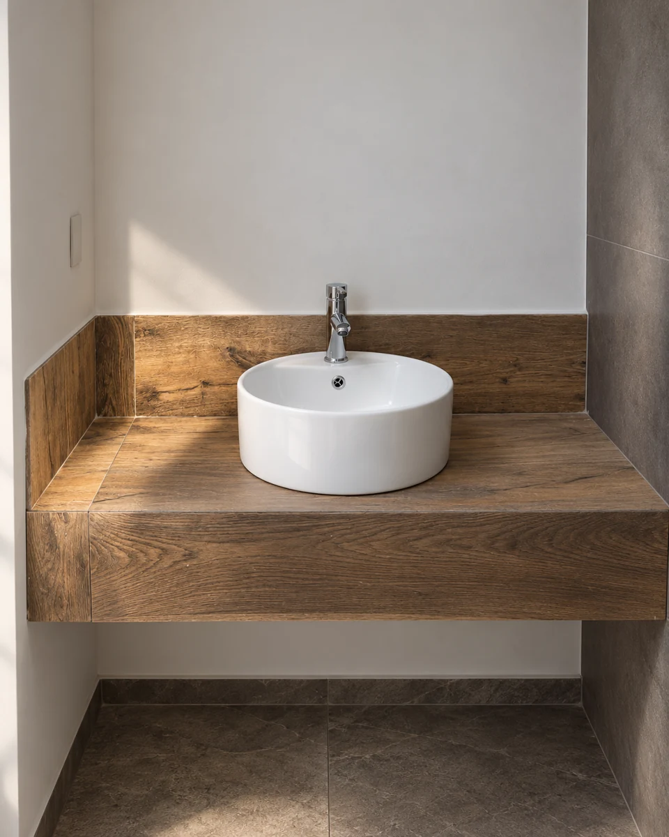 Lavabo blanco y cubierta de tonos cálidos
